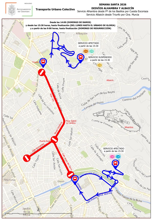 General diversions towards city center Holy Week 2026 Granada