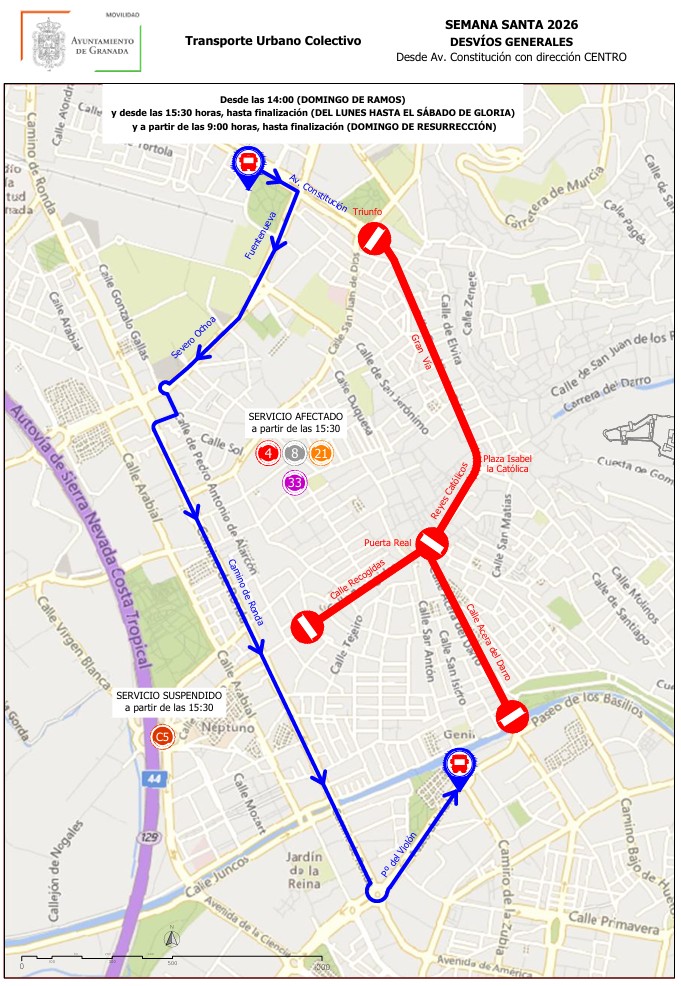 General diversions towards city center Holy Week 2026 Granada