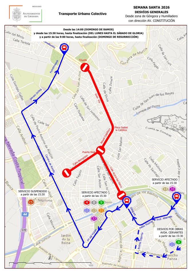 General diversions towards constitución Holy Week 2026 Granada