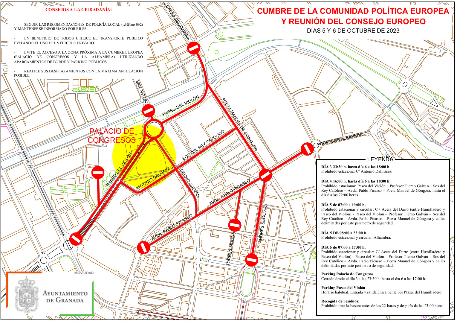 Cortes de tráfico en el entorno del palacio de congresos cumbre europea granada 2023
